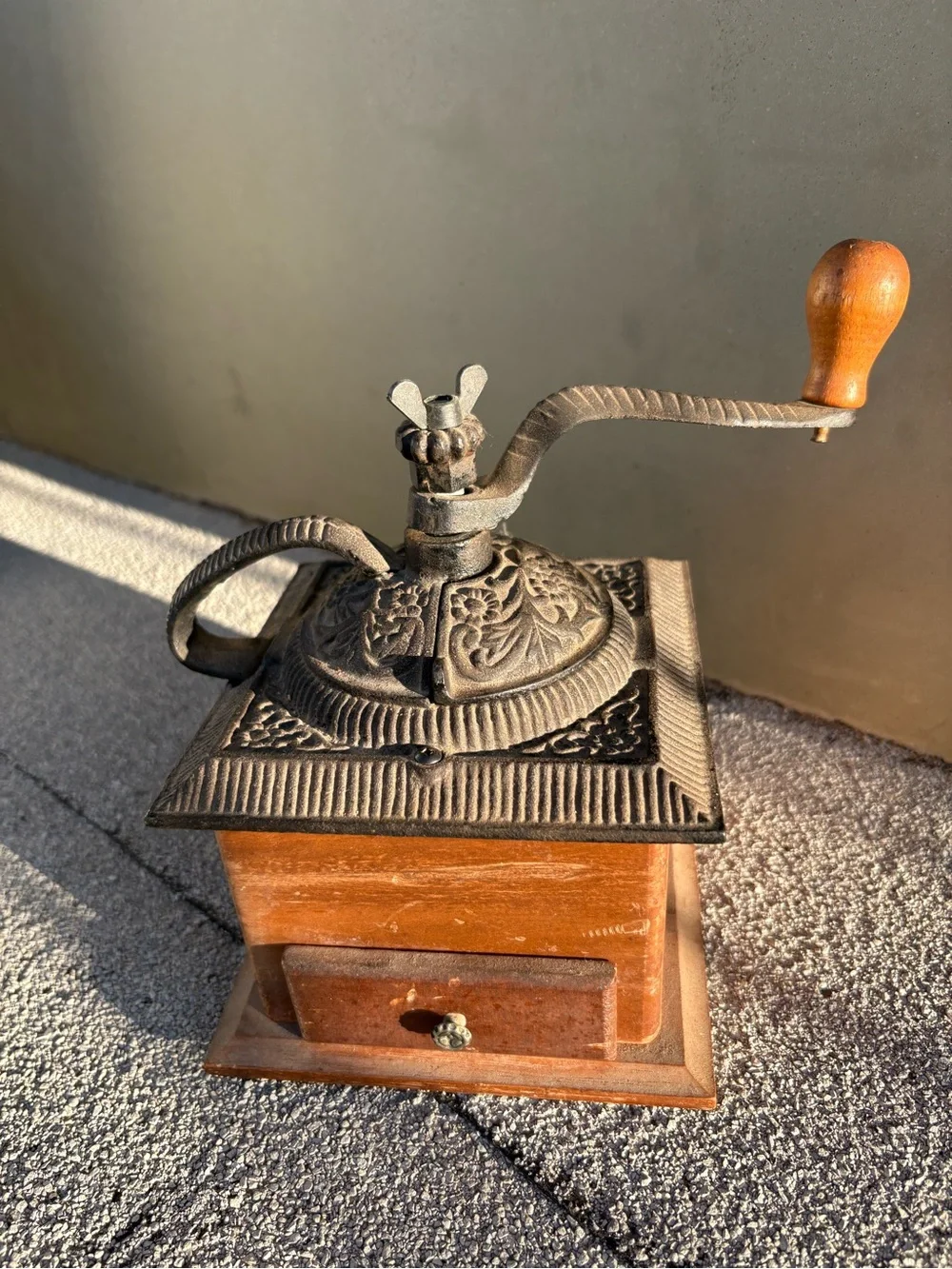 Vintage Wooden hand crank coffee grinder cast iron Rustic farmhouse decor